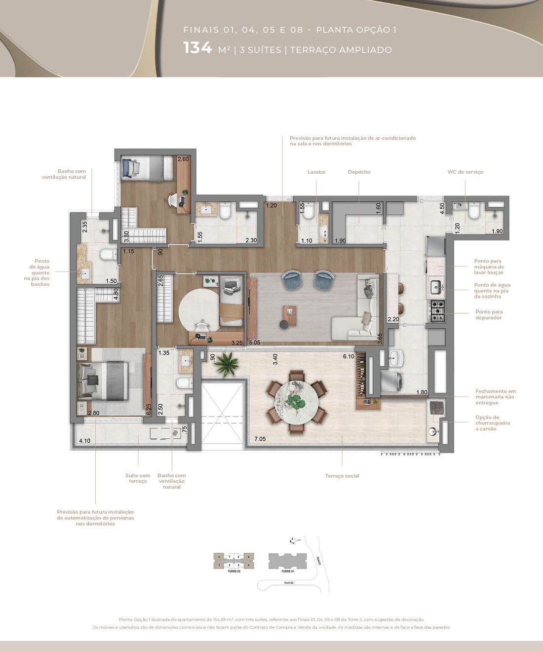 Planta opção 1 de 134 m² com 3 suítes no Eden Park by Dror