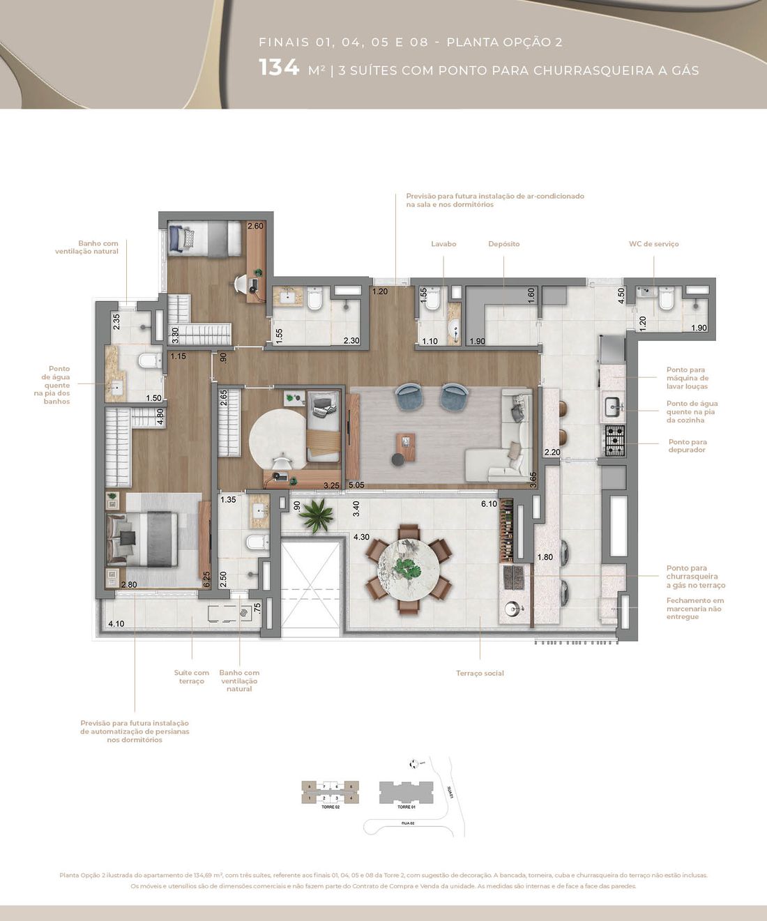 Planta opção 2 de 134 m² com 3 suítes e ponto para churrasqueira a gás