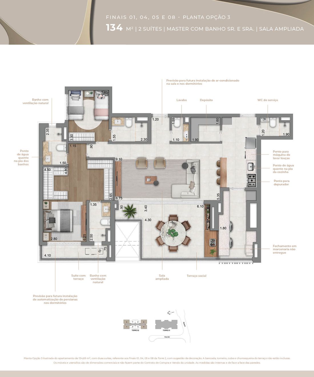 Planta opção 3 de 134 m² com 2 suítes master e sala ampliada